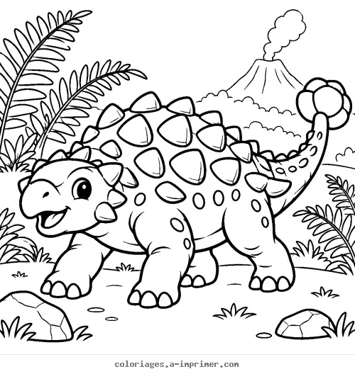Coloriage Ankylosaure dans un paysage préhistorique avec un volcan à imprimer