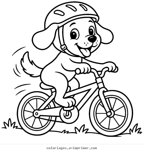 Coloriage Chiot joyeux faisant du vélo avec un casque à imprimer