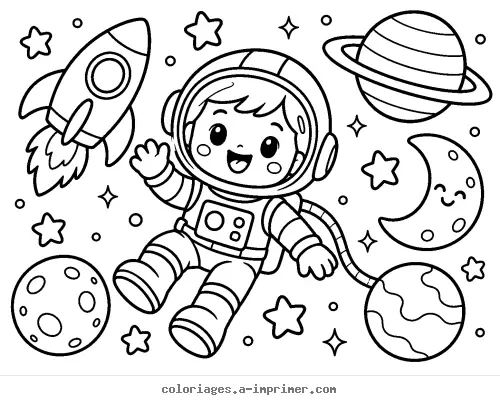 Coloriage astronaute dans l’espace avec fusée et planètes à imprimer