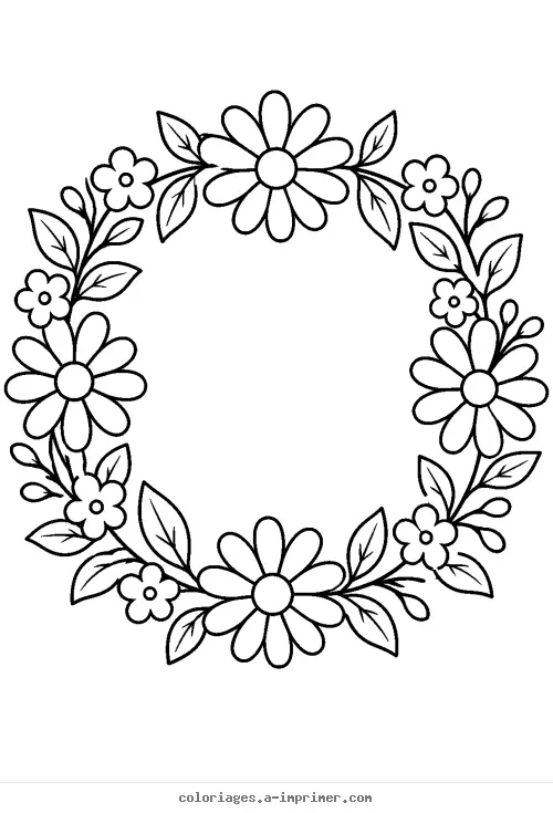 Coloriage d'une jolie couronne de fleurs et de feuilles à imprimer