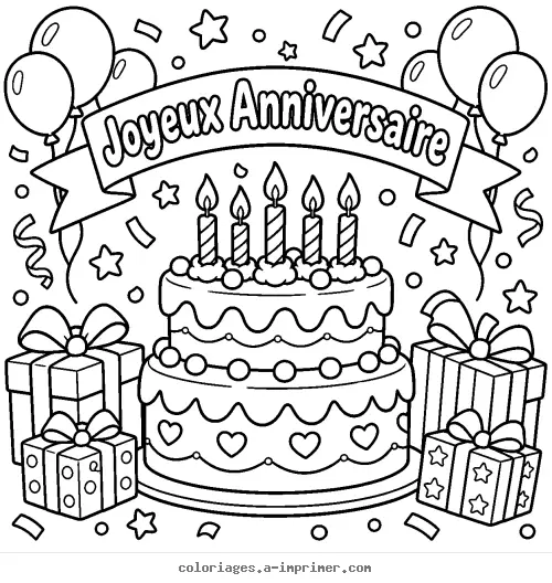Coloriage Gâteau d'anniversaire avec bougies, ballons et cadeaux à imprimer