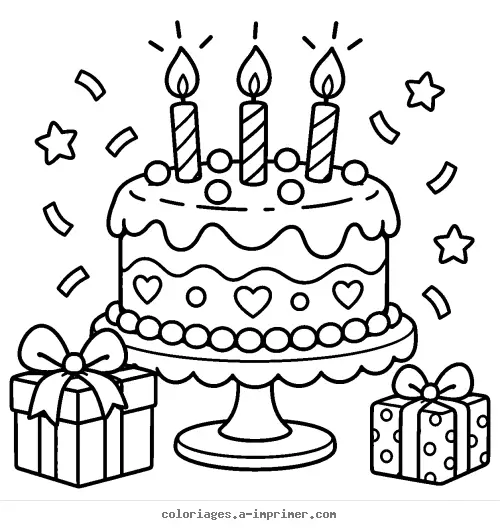 Coloriage Gâteau d'anniversaire avec trois bougies et cadeaux à imprimer