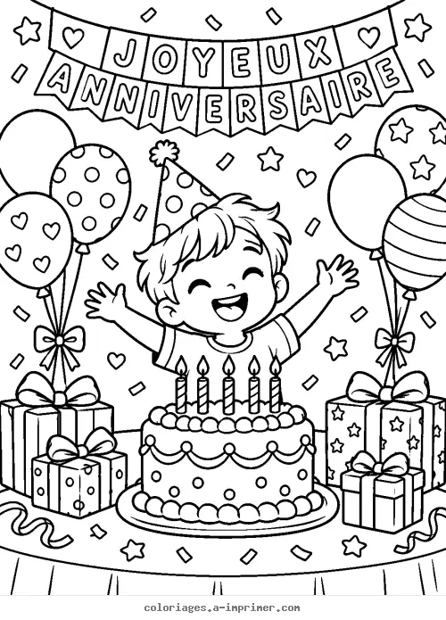 Coloriage Joyeux anniversaire avec gâteau, ballons et cadeaux à imprimer