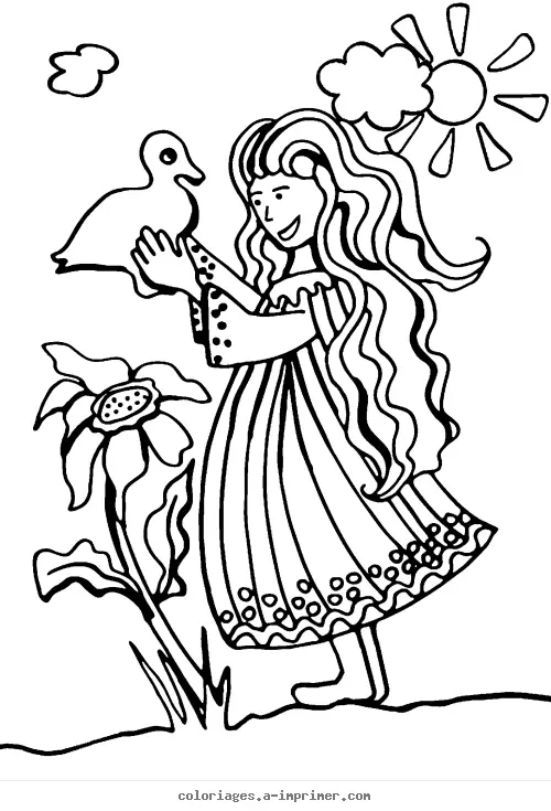 Coloriage La fille et l'oiseau à imprimer