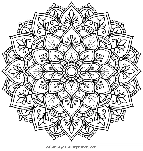 Coloriage Mandala floral détaillé aux pétales superposés à imprimer