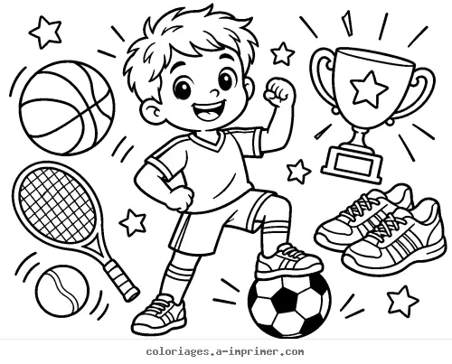 Coloriage Petit champion sportif avec ballons, raquette et trophée à imprimer