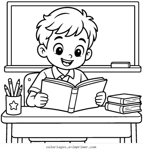 Coloriage Petit écolier lisant un livre en classe à imprimer
