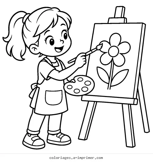 Coloriage Petite artiste peignant une fleur sur un chevalet à imprimer