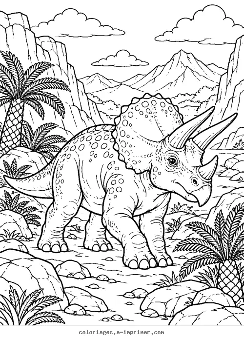 Coloriage Tricératops vert dans une vallée préhistorique à imprimer