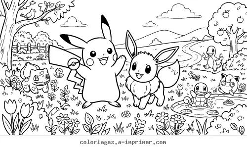 Coloriage Une journée printanière au pays des Pokémon à imprimer