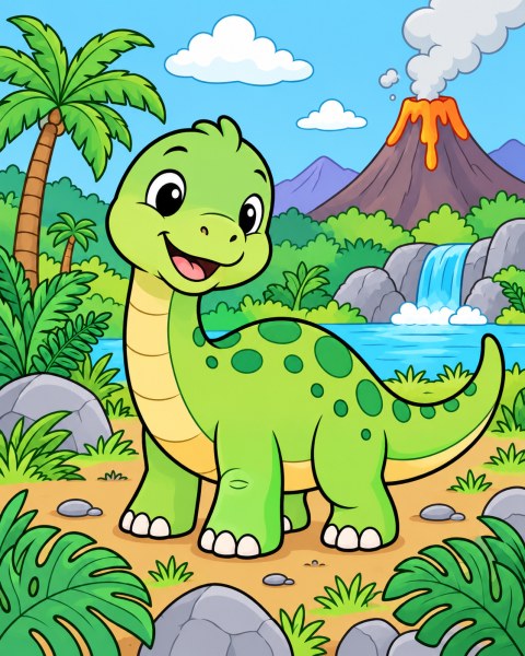 Exemple colorié de Dinosaure joyeux dans un paysage préhistorique