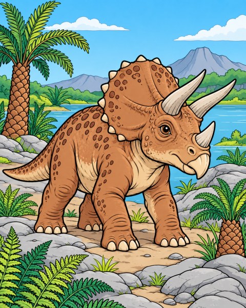 Exemple colorié de Tricératops dans un paysage préhistorique
