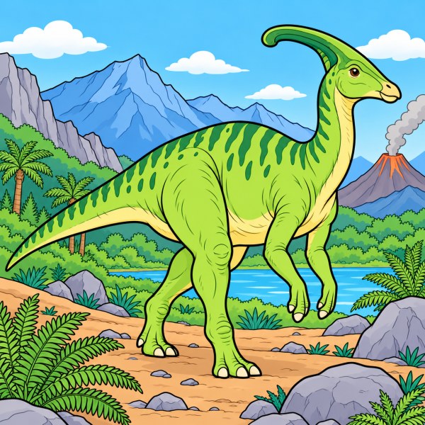Exemple colorié de Parasaurolophus dans une vallée volcanique