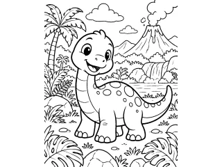 Coloriage Dinosaure joyeux dans un paysage préhistorique