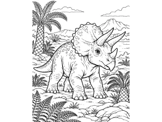 Coloriage Tricératops dans un paysage préhistorique