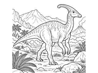 Coloriage Parasaurolophus dans une vallée volcanique