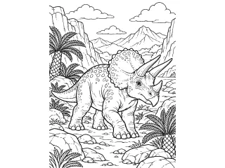 Coloriage Tricératops vert dans une vallée préhistorique