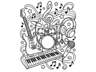Coloriage La Grande Fête de la Musique et des Instruments.