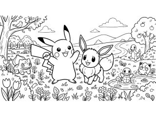 Coloriage Une journée printanière au pays des Pokémon