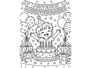 Coloriage Joyeux anniversaire avec gâteau, ballons et cadeaux