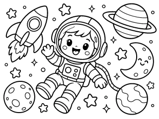 Coloriage Coloriage astronaute dans l’espace avec fusée et planètes