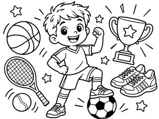 Coloriage Petit champion sportif avec ballons, raquette et trophée