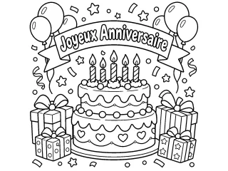 Coloriage Gâteau d'anniversaire avec bougies, ballons et cadeaux
