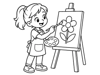 Coloriage Petite artiste peignant une fleur sur un chevalet