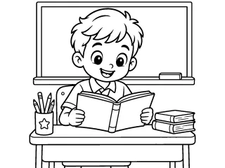 Coloriage Petit écolier lisant un livre en classe