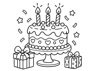 Coloriage Gâteau d'anniversaire avec trois bougies et cadeaux