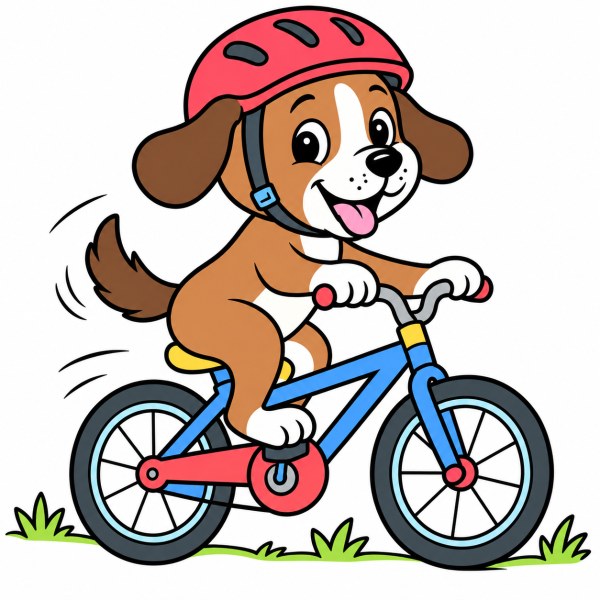 Exemple colorié de Chiot joyeux faisant du vélo avec un casque