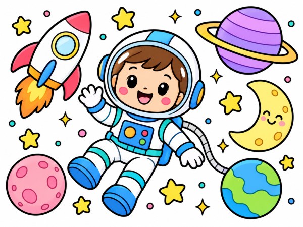 Exemple colorié de Coloriage astronaute dans l’espace avec fusée et planètes