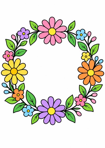 Exemple colorié de Coloriage d'une jolie couronne de fleurs et de feuilles