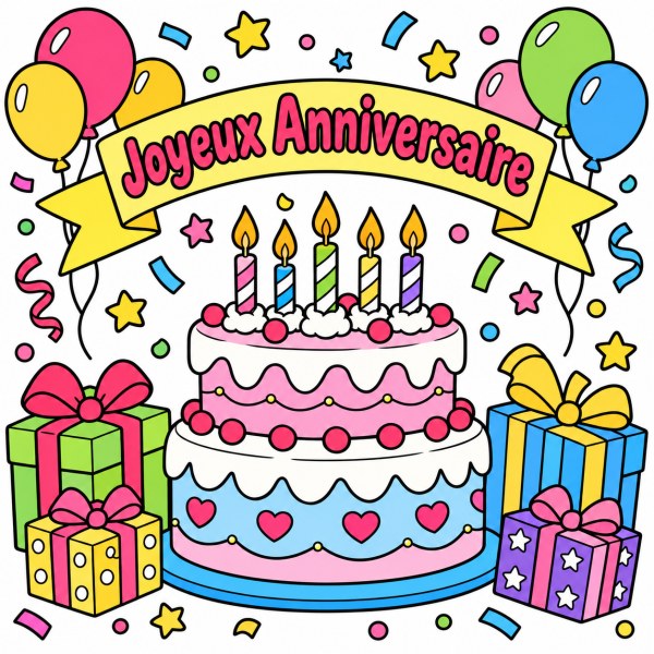 Exemple colorié de Gâteau d'anniversaire avec bougies, ballons et cadeaux