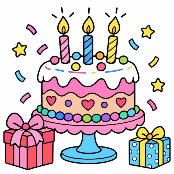 Exemple colorié de Gâteau d'anniversaire avec trois bougies et cadeaux