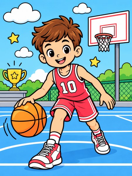 Exemple colorié de Jeune basketteur en pleine action