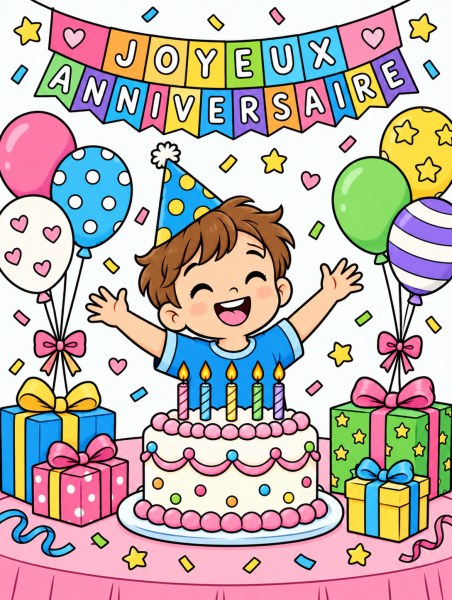 Exemple colorié de Joyeux anniversaire avec gâteau, ballons et cadeaux