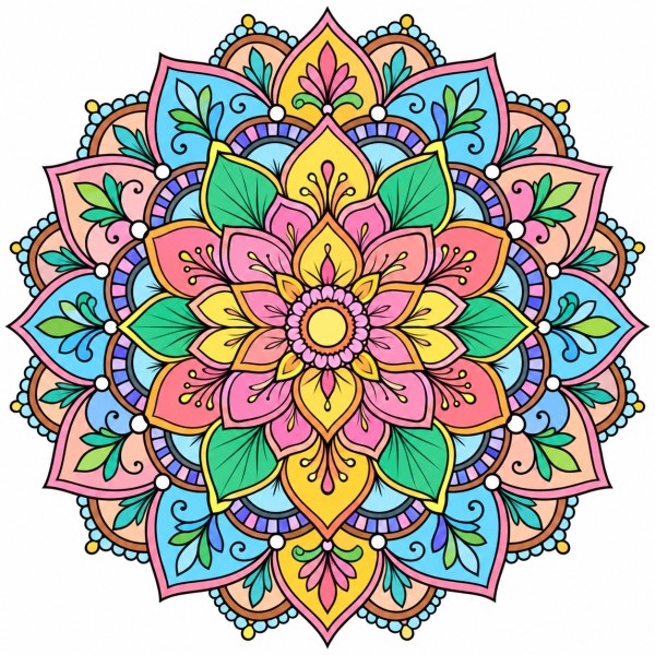 Exemple colorié de Mandala floral détaillé aux pétales superposés