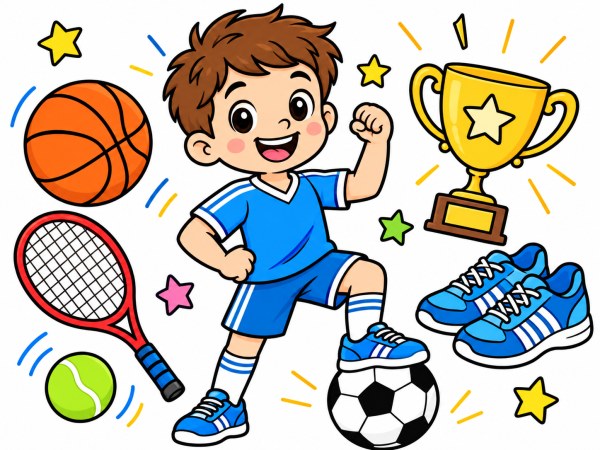 Exemple colorié de Petit champion sportif avec ballons, raquette et trophée