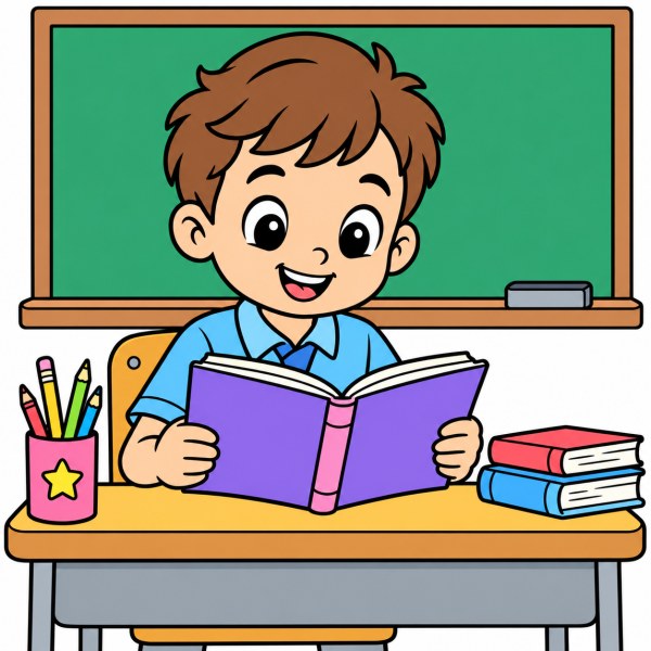 Exemple colorié de Petit écolier lisant un livre en classe