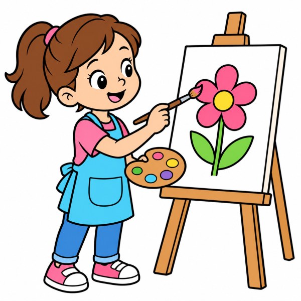 Exemple colorié de Petite artiste peignant une fleur sur un chevalet