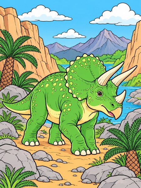 Exemple colorié de Tricératops vert dans une vallée préhistorique