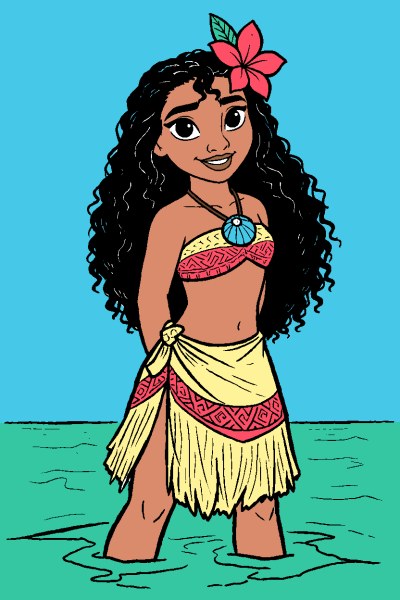Exemple colorié de Vaiana au bord de l’océan